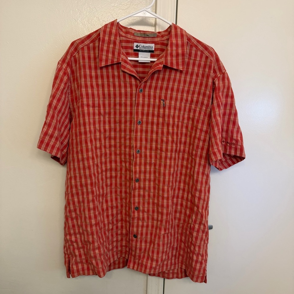 Columbia Sportswear Plaid Button Up Shirt Men’s Large Orange Short Sleeve